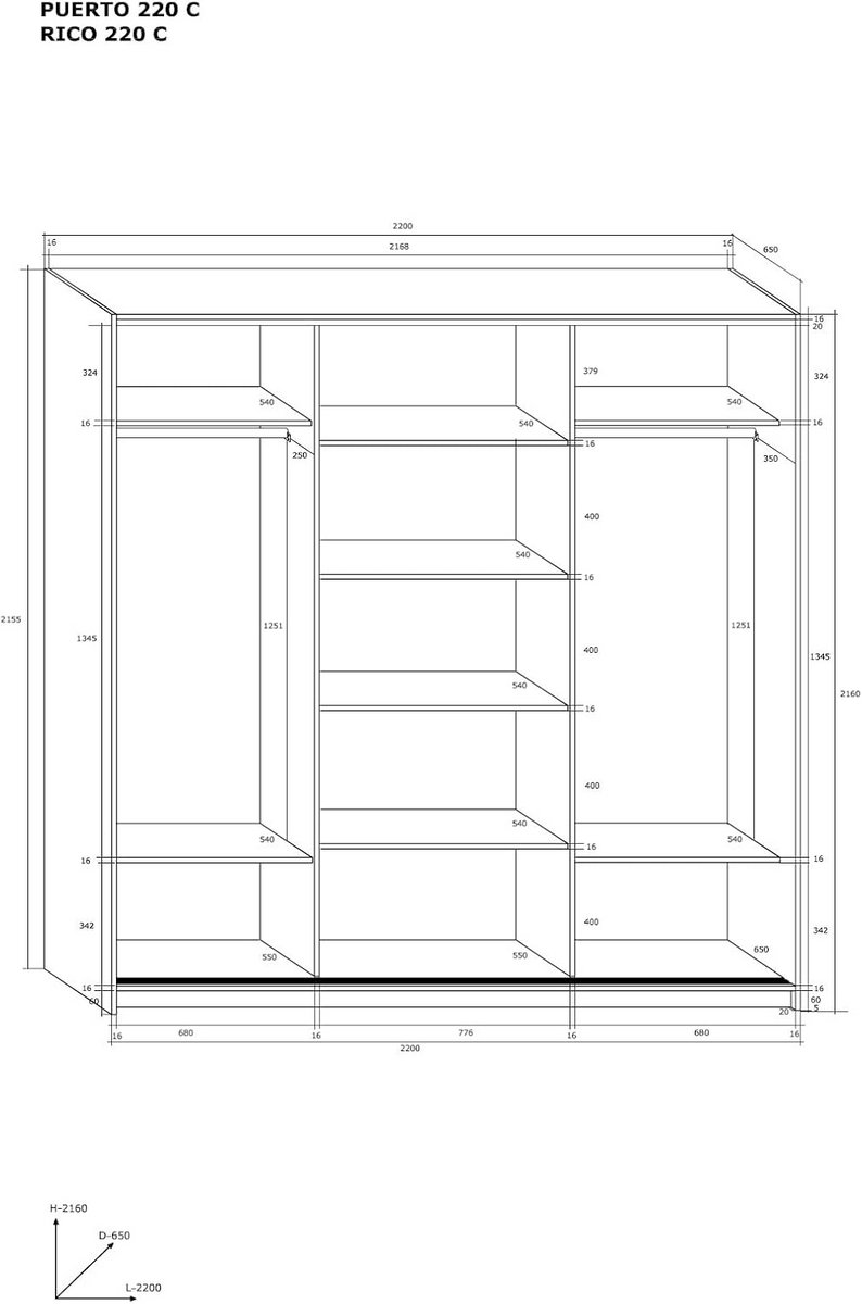 Moderne Kledingkast met 3 Schuifdeuren en Opbergvakken - XL Slaapkamerkast 220x216 cm (9101058093462)