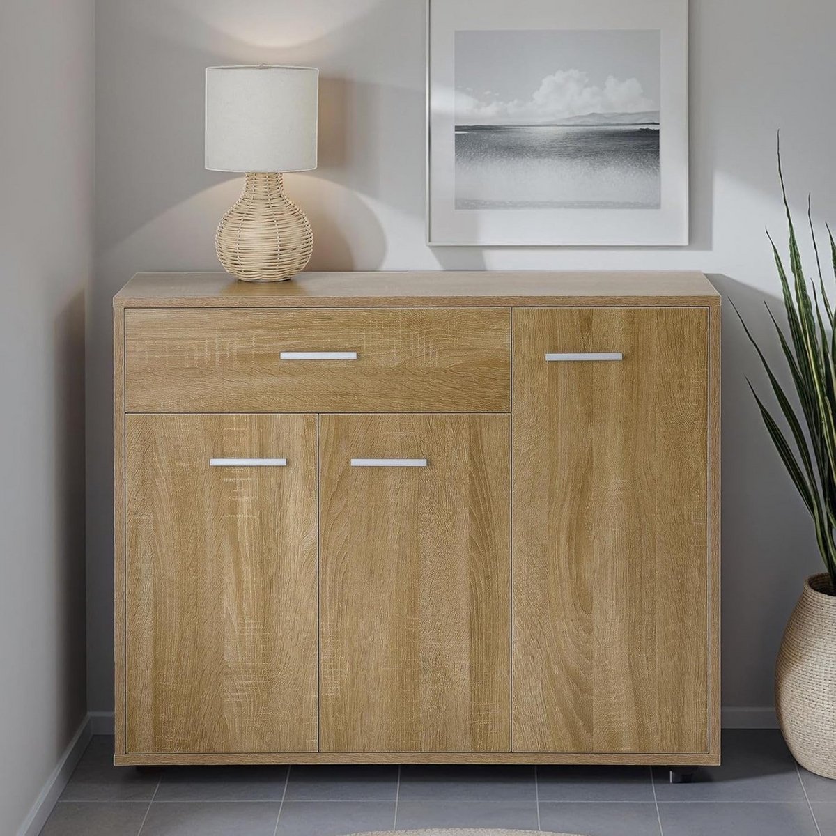Multifunctioneel Dressoir met 3 Deuren en 1 Lade in Sonoma Eiken Look (9101059753068)