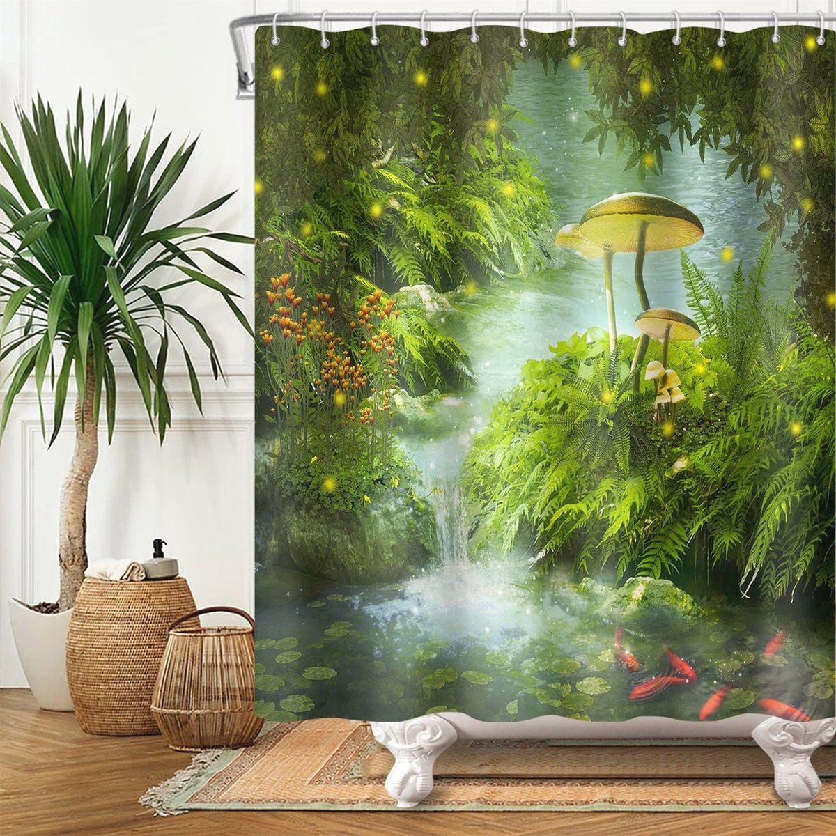 Natuurlijk Landschap Douchegordijn met Groene Planten en Lotusblad - Waterdicht 180 x 180 cm (6152644166155)