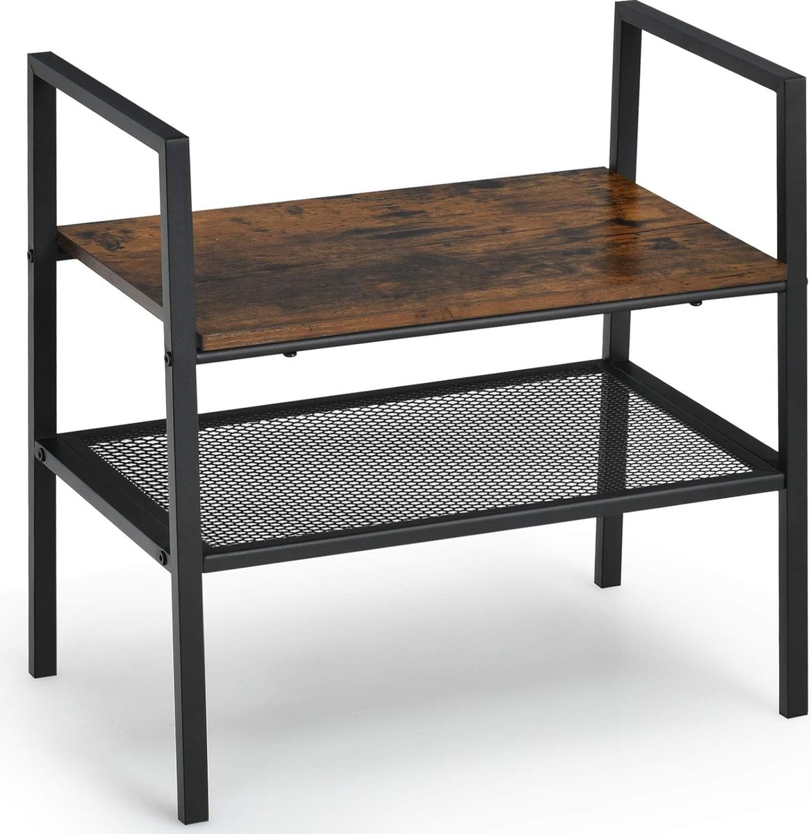 Opbergrek met 2 verdiepingen, stapelbaar schoenenrek, rasterrek van hout en metaal, compact opbergrek voor woonkamer, slaapkamer, entree, organizerrek met metalen frame (6096056745761)