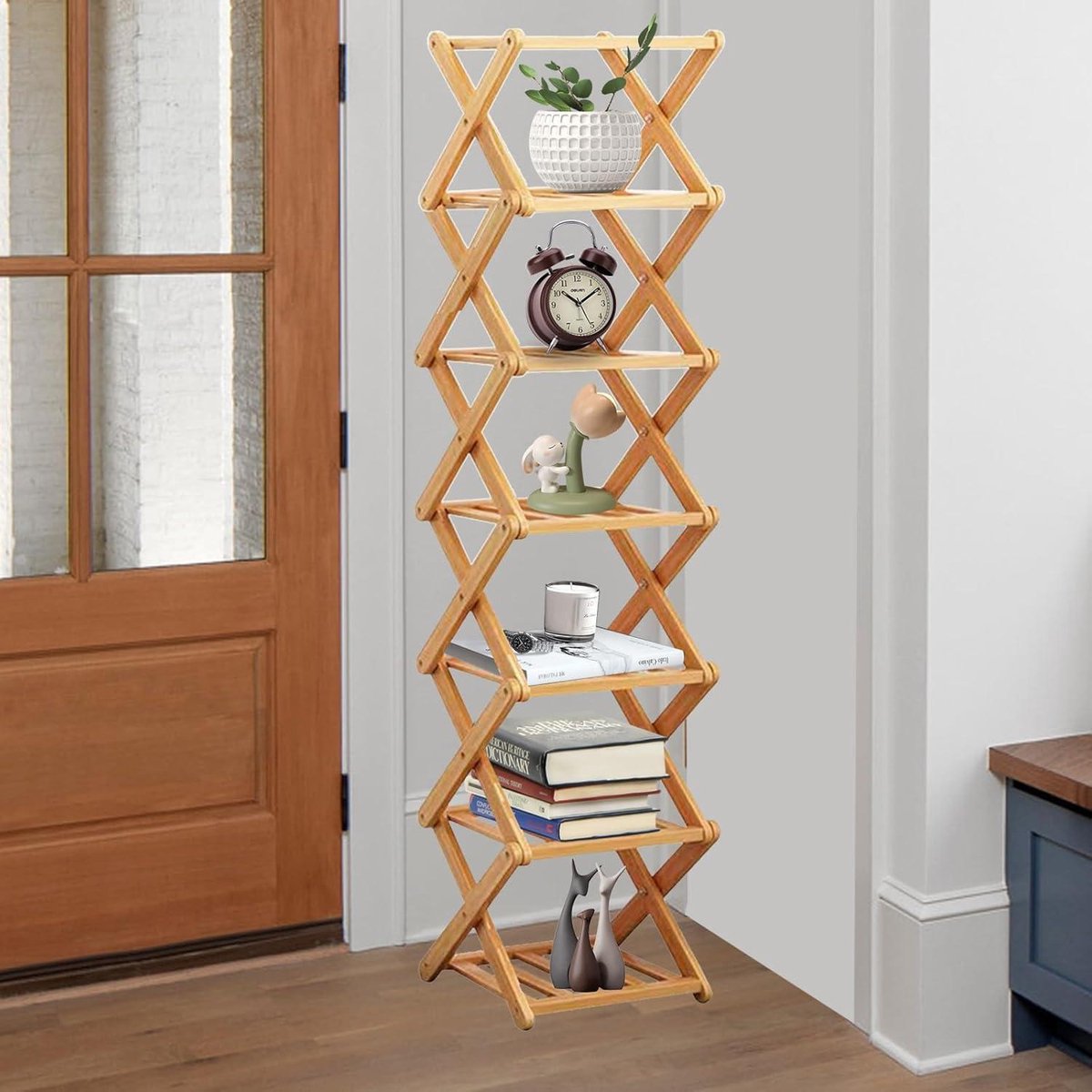 Opvouwbaar bamboe schoenenrek - multifunctioneel en vrijstaand - klein en draagbaar - 7 lagen - houtkleur (6152325542513)