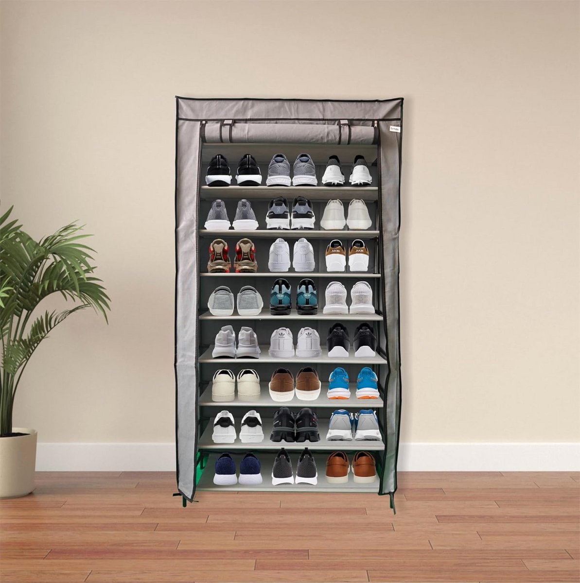 Opvouwbare Schoenenkast met 9 Vakken voor Kapstok en Opberging - 90x28x163cm - Grijs (9101057880988)