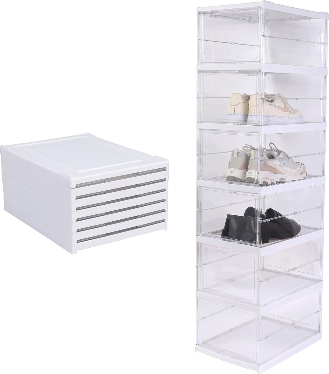 Opvouwbare schoenenopbergdoos, 6 lagen, all-in-one schoenenorganizer voor sneakers en hoge hakken, transparante schoenendozen voor schoenenopslag, wit (8998339802902)