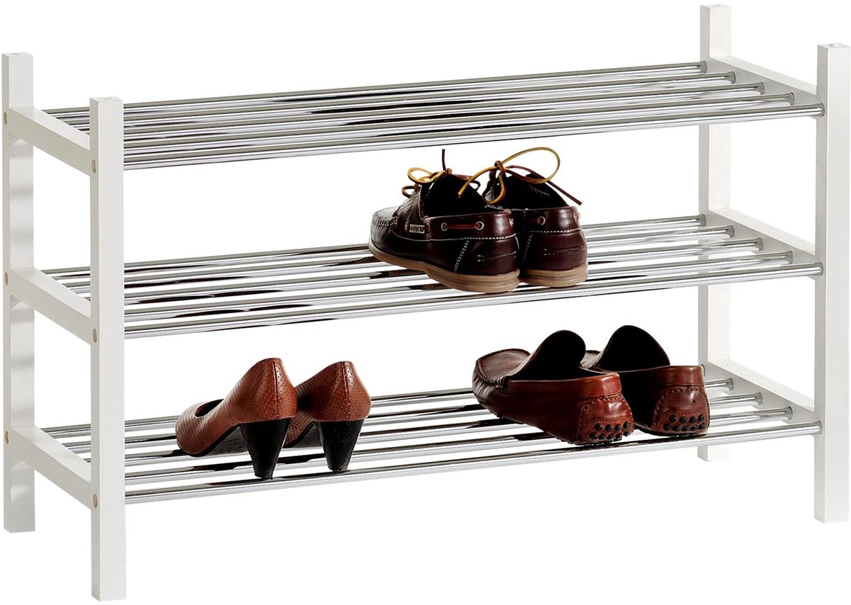 RESA schoenenrek met 3 verchroomde planken van metalen buizen, houten frame in wit, stapelbaar, stevig (4016787182552)