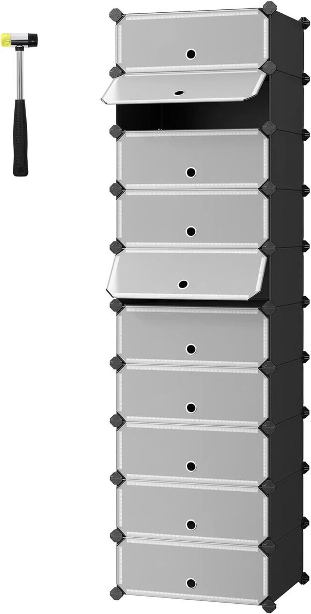 Rechthoekig kunststof schoenenrek met 10 vakken - doe-het-zelf opbergrek - garderobe organizer - zwart metaaldraad - 40 x 30 x 17 cm (6152325516590)