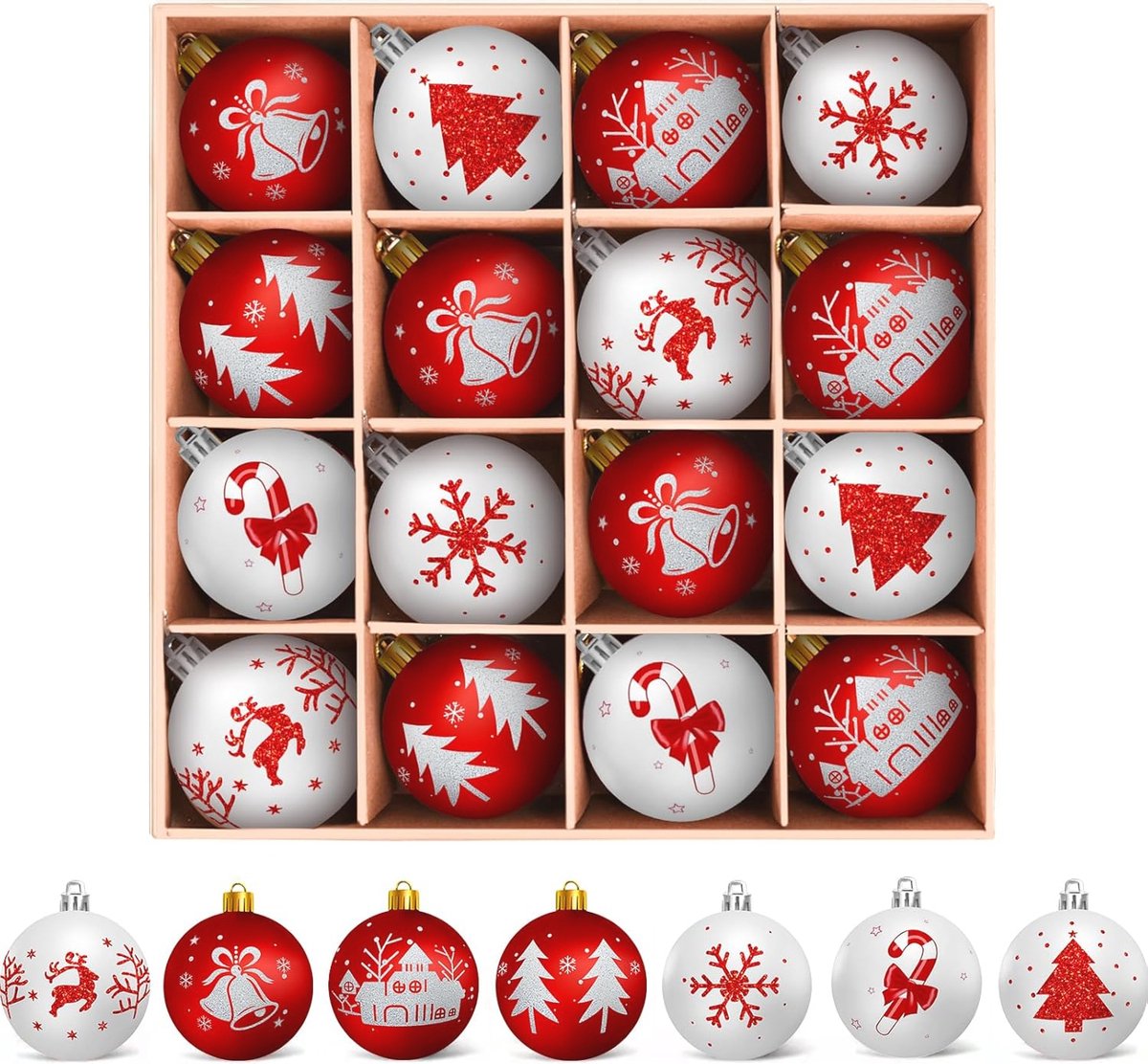 Rode en Witte Kerstballen Set - 16 Stuks Kunststof Kerstboomversiering (6152610254251)