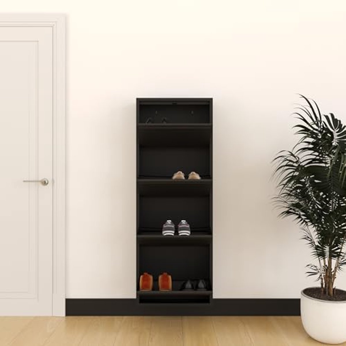 Ruimtebesparende metalen schoenenkast voor 8-12 paar schoenen - wandmonteerbaar en voorgemonteerd - zwart (6154023173143)