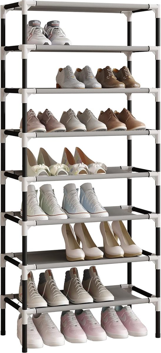 S-113 schoenenrek, 8 niveaus, verstelbaar, schoenenrek, organizer, rek, steun, standaard voor 24 paar schoenen, met verdikte elektroforese-buizen, robuust en ruimtebesparend, eenvoudige montage (8998339284654)
