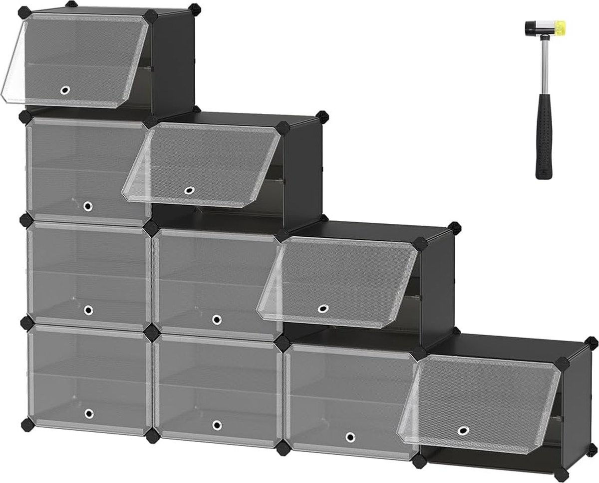 SONGMICS Schoenenrek met 10 vakken, schoenenkast, 30 x 40 x 30 cm per vak, smal, met deuren, stalen frame, kunststof, voor hal, slaapkamer, entree, zwart LPC035B01 (6097614846876)