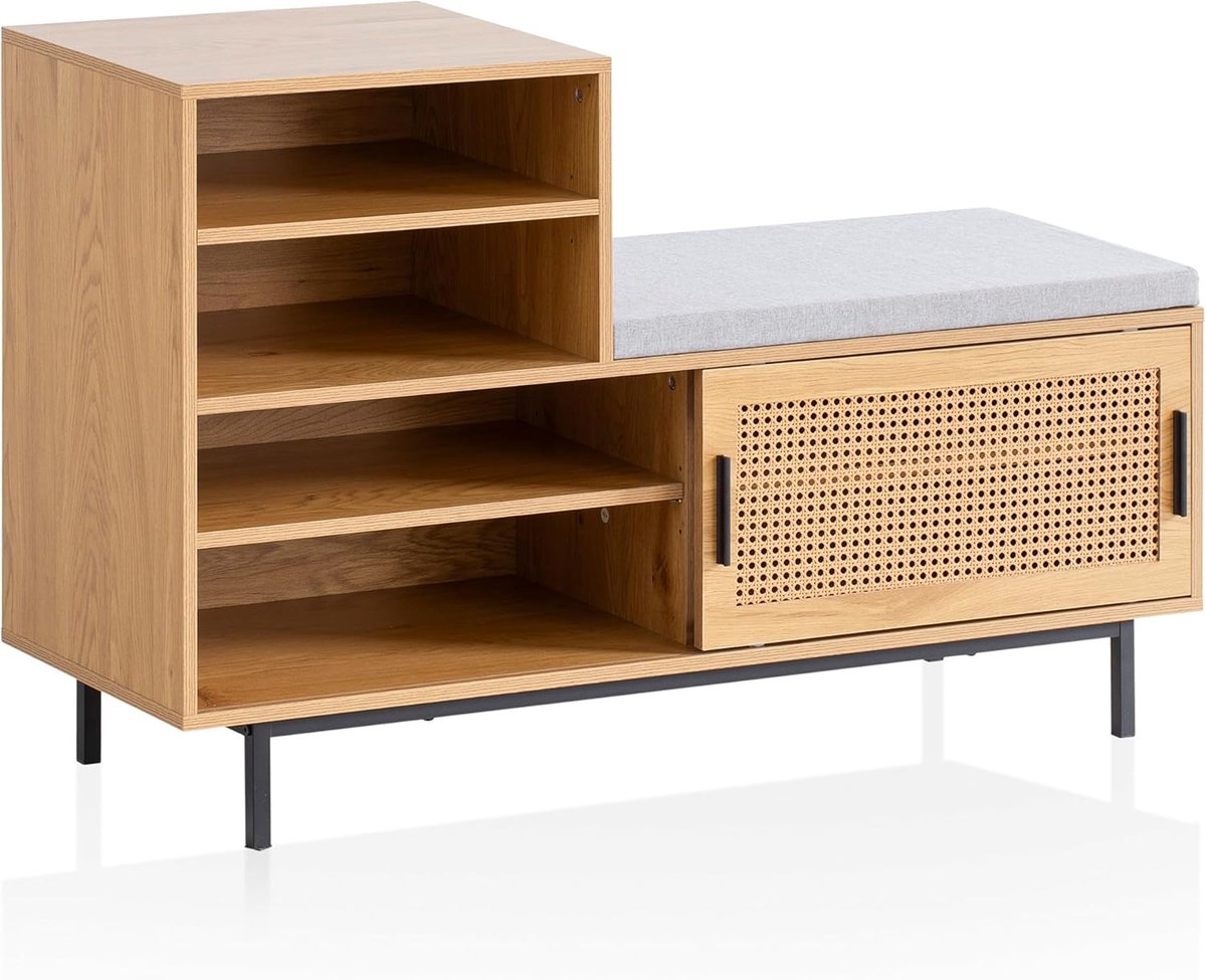 Schoenenbank - Gangbank - Zitbank - Schoenenrek - Halmeubel - Met 6 Vakken Voor 12 Paar Schoenen - Modern Eiken Decor Met Weens Vlechtwerk (8721391544653)