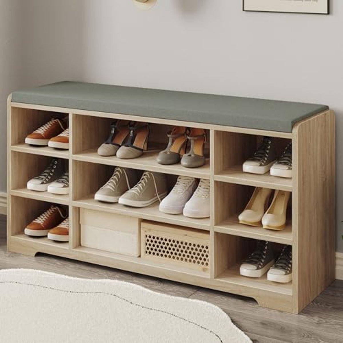 Schoenenbank Met Opbergruimte En Kussen - Zitbank Voor Woonkamer, Hal En Slaapkamer - Wit Eiken (6154019612625)