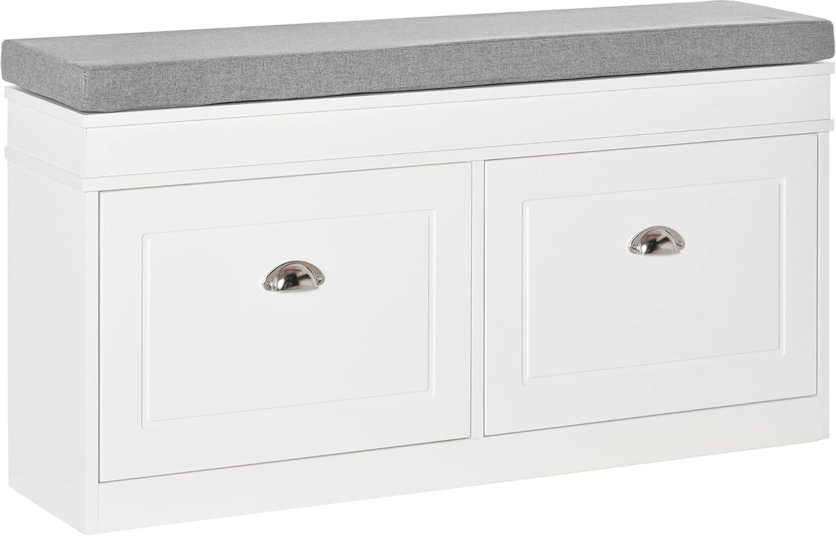 Schoenenbank - Schoenenrek - Zitbank - Opbergbank - Halbank - Met Comfortabel Zitkussen - 2 Lade Met Verstelbare Vakverdeling - Wit Met Grijs (8721391531660)