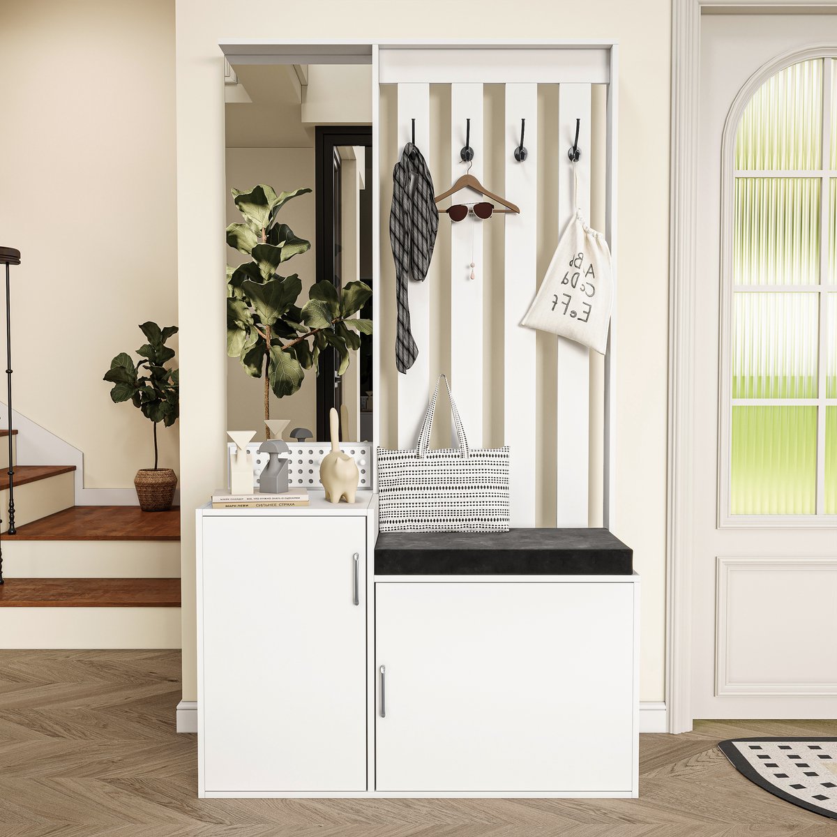 Schoenenbank & Wandkapstok Set met Spiegel - Witte Multifunctionele Hal Meubel, Met Zitkussen en Schoenkast, 100x40x180 cm (3312632402655)