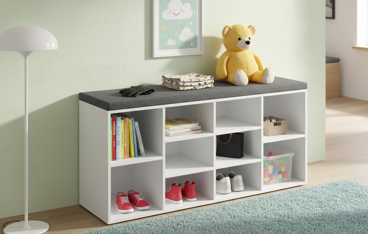 Schoenenbank met 10 Vakjes - Zitbank met Opbergruimte, Verstelbare Planken en Comfortabel Kussen - Halbank, Slaapkamerbank of Woonkamerrek - Wit-Grijs, Vintage Stijl - House&Garden (9506942892693)