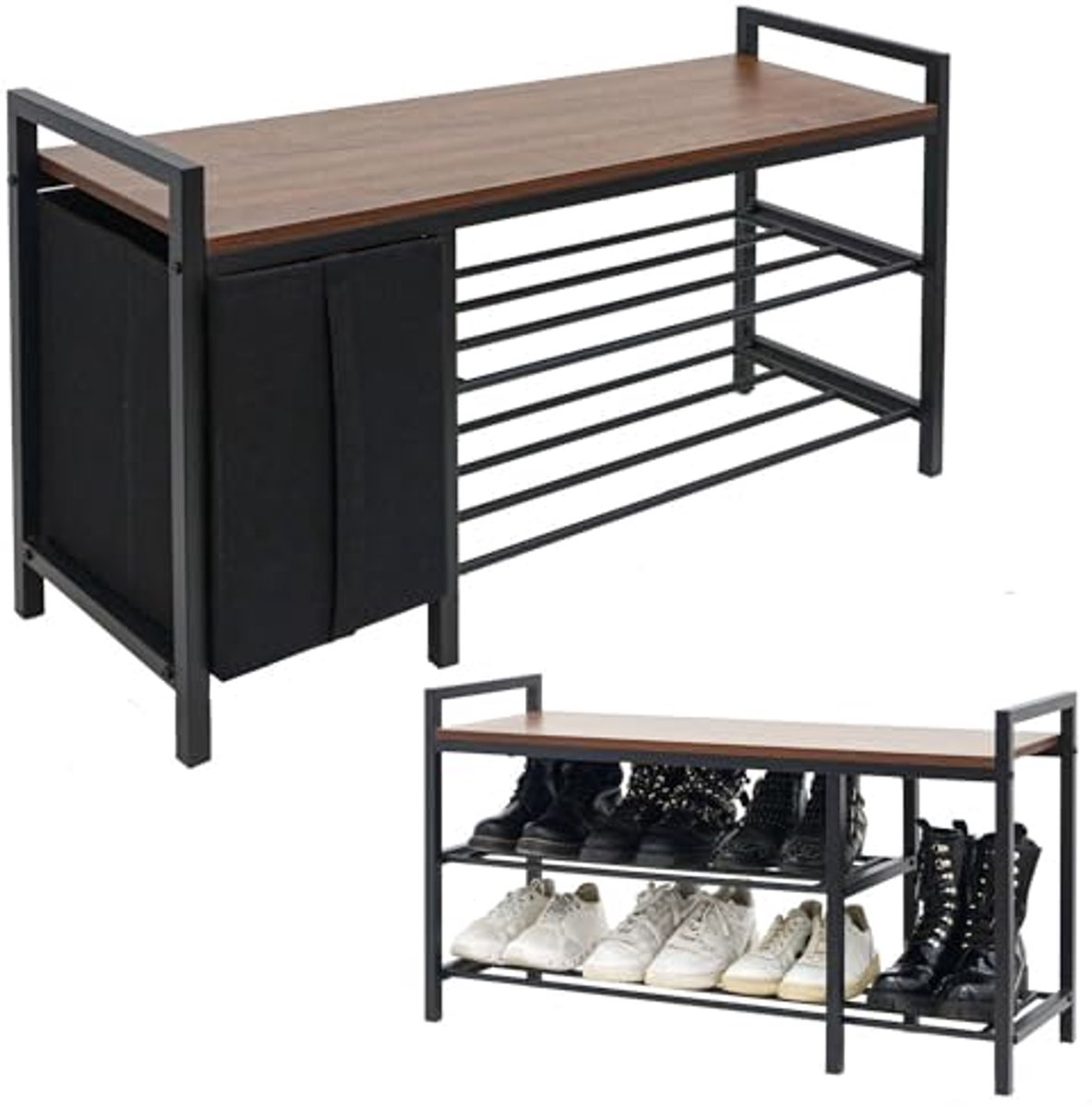 Schoenenbank met Opbergruimte - Zwart Metalen Schoenenbankje voor Hal - Zitbankje voor Schoenen met Praktische Lade - Industrieel Schoenenrek (6154004038089)