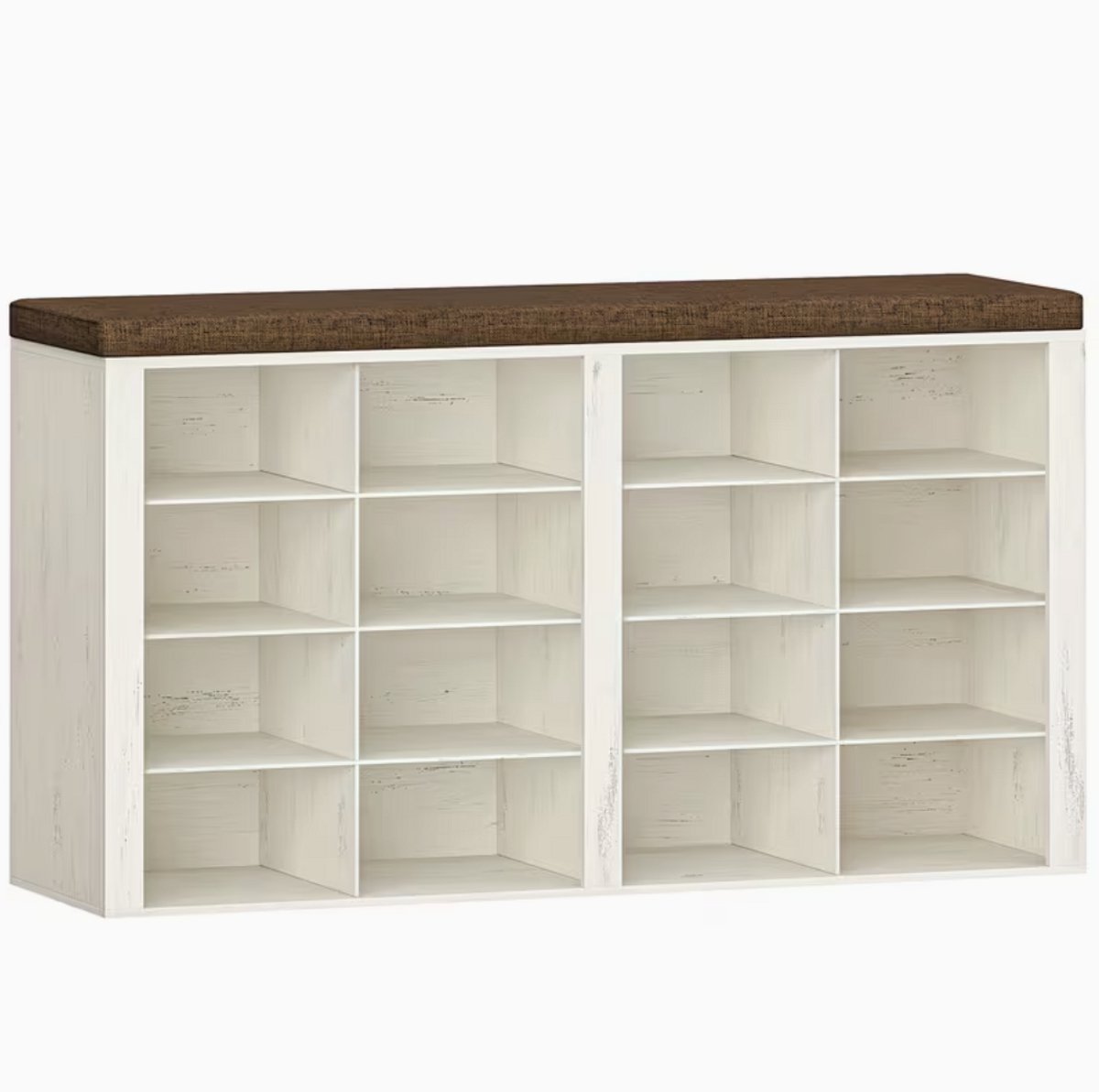 Schoenenbank met Zitkussen en 16 Vakken - Schoenenkast met Verstelbare Planken - Halbank met Opbergruimte - Licht Ivoor (9502948126541)