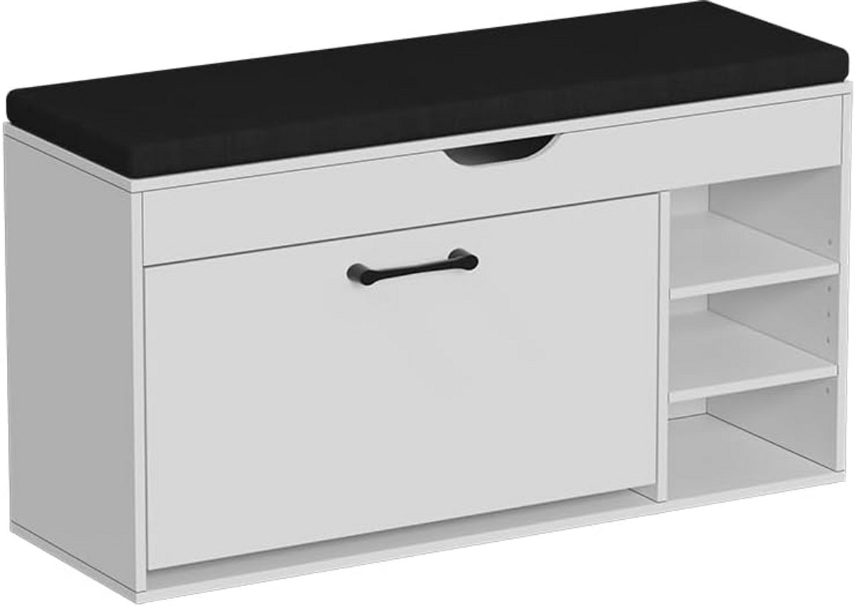 Schoenenbank met Zitvlak Wit/Zwart 90 cm Breed - Opbergruimte voor Entree (9101096856883)