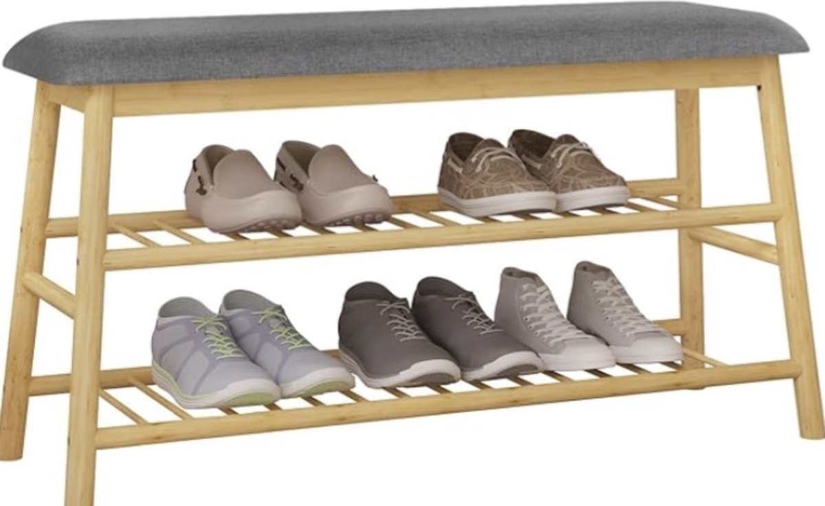 Schoenenbank met zitting en schoenenkast van bamboe, voorzien van 2 schoenenplanken. Ideaal voor hal, entree of woonkamer. Kleur: bamboegrijs. Afmetingen: 90 x 48,5 x 30 cm. (5487569821782)