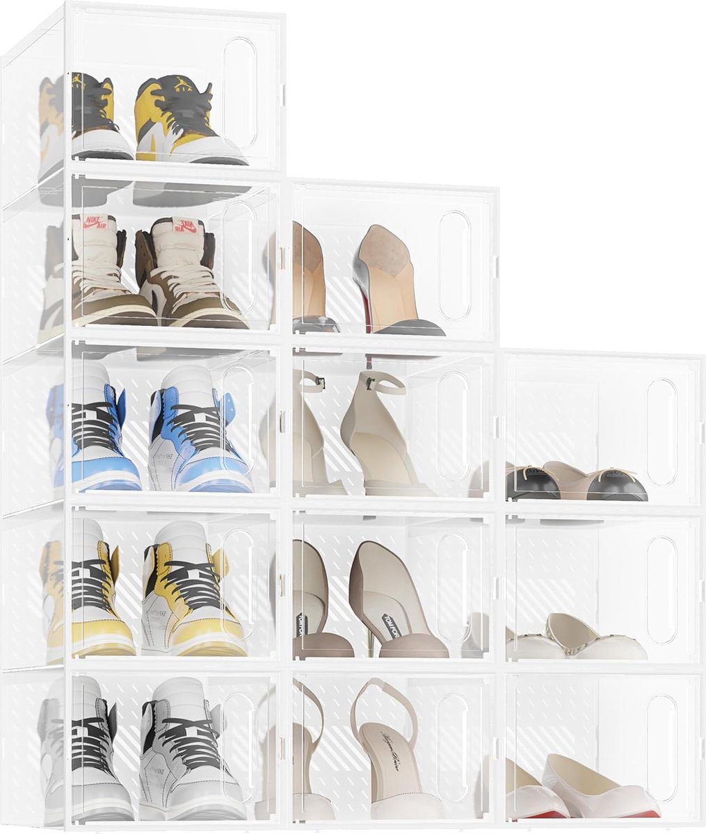 Schoenendozen, 12 stuks doorzichtige en stapelbare plastic schoenendozen met magnetische deur, traineropslag met deksel voor dames/heren, transparant wit (4801288944057)