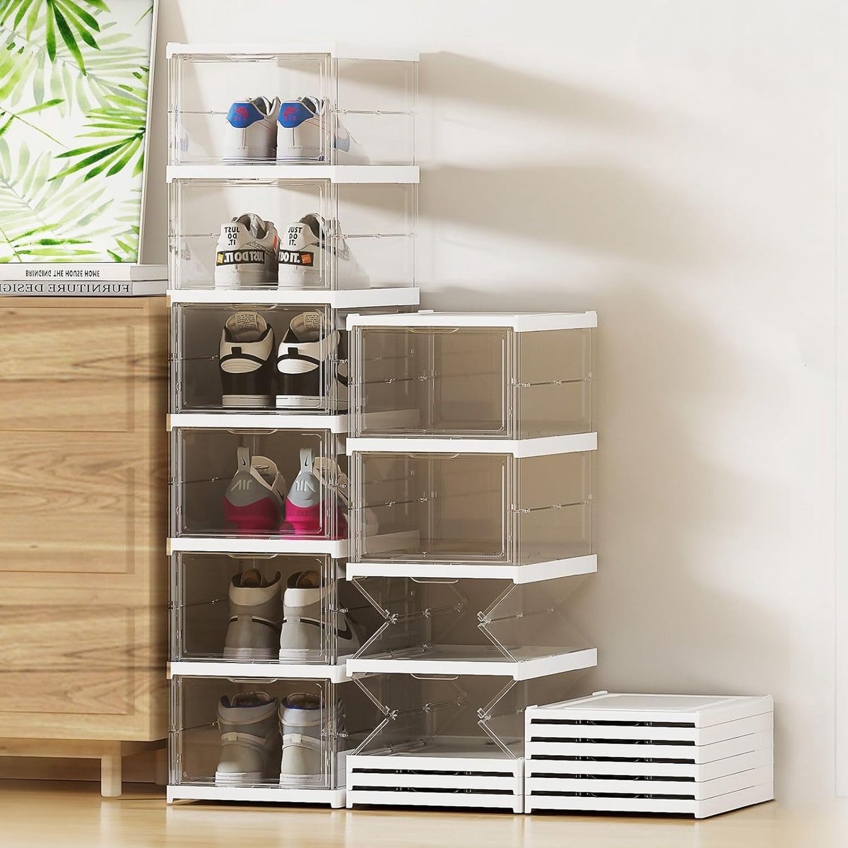 Schoenendozen Stapelbaar Transparant - Kunststof Schoenenorganizer met Deur - Ruimtebesparend Schoenenrek met Deksel - Opvouwbare Schoenendozen voor Trainers tot Maat 46 - XL Maat 6 Niveaus (4800325820859)