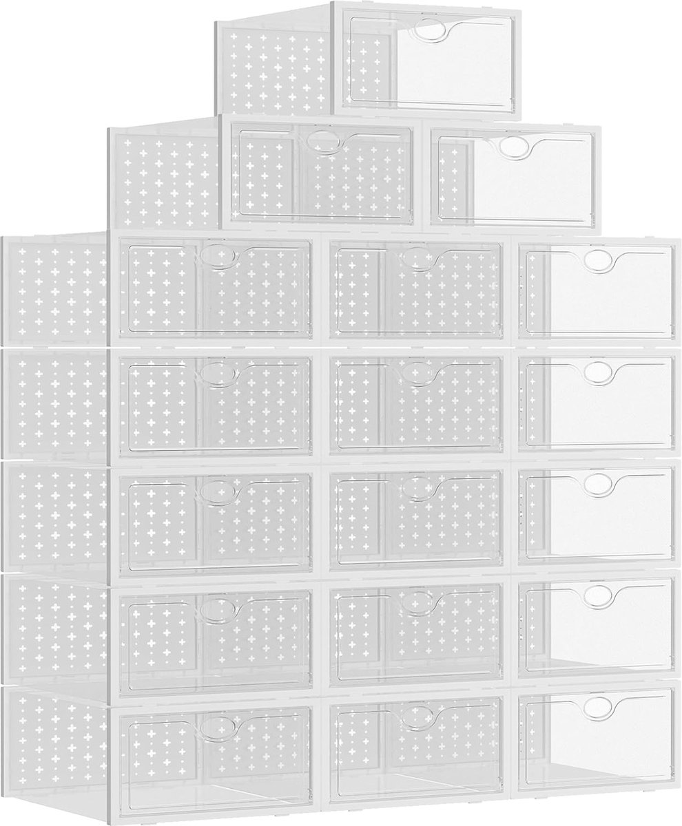 Schoenendozen, stapelbaar, transparant, 18 stuks, opvouwbaar, hard plastic, schoenendoos met deksel, wenselijke schoenorganizer, schoenenopslag voor hoge hakken, enkellaarzen, tot maat 44, wit (4801288717712)