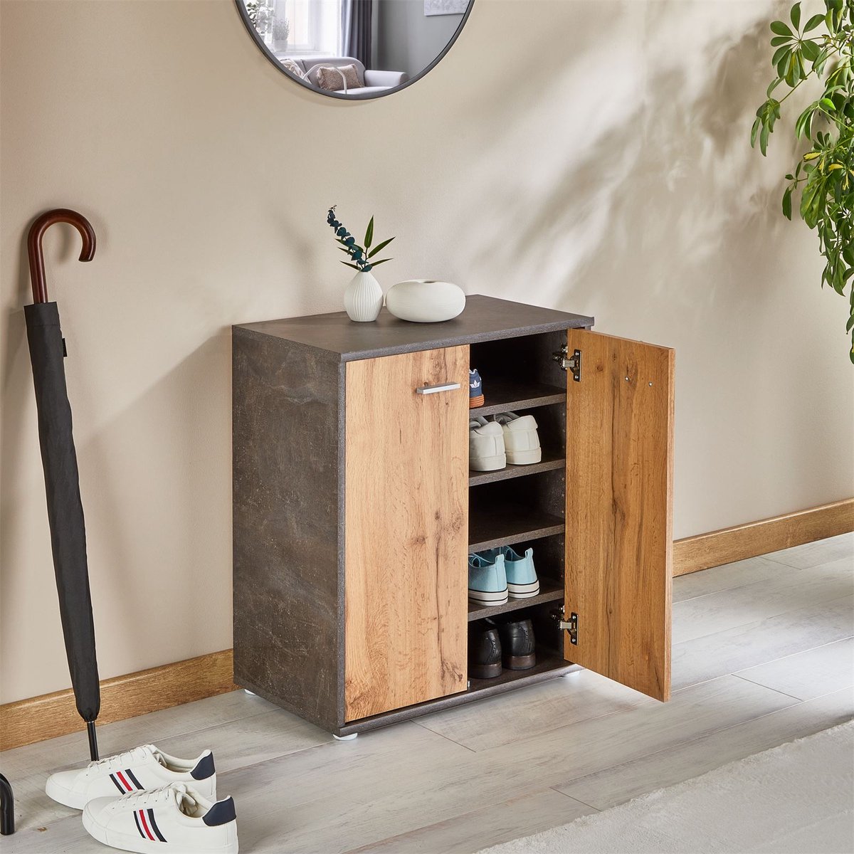 Schoenenkast LENNIS met 2 deuren in donker beton/votan eiken (4055641954515)