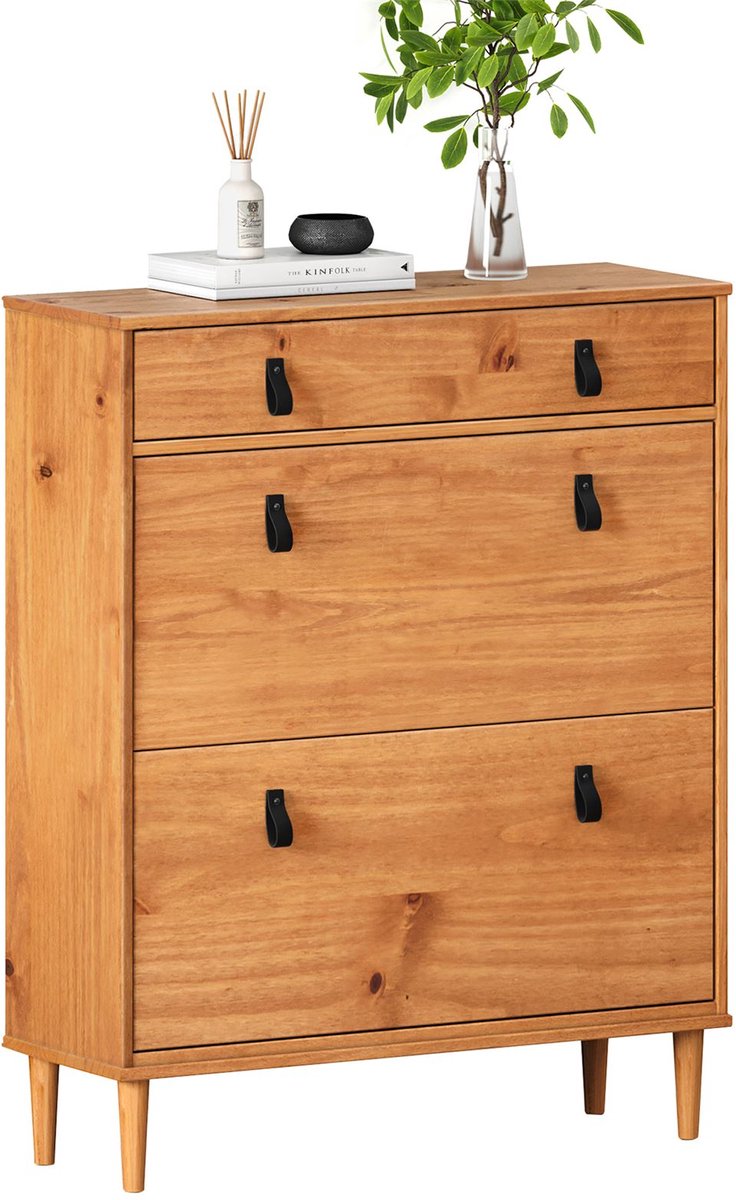 Schoenenkast MIKKA 2 kleppen 1 lade - eiken, smalle schoenenkast, schoenopberger met stijlvolle handgrepen, schoenenkast voor hal ruimtebesparende schoenopberger smal - Ambientebild (4016787840414)