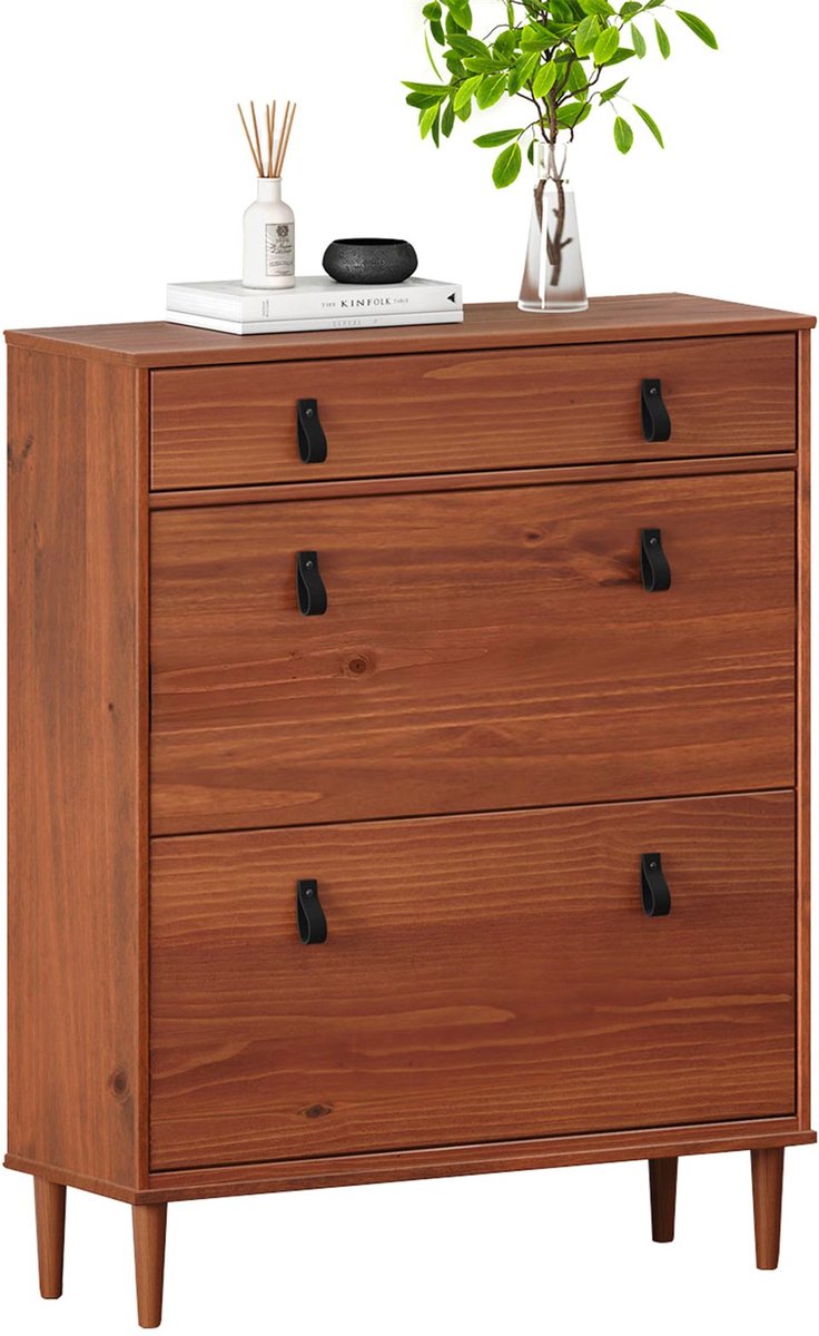 Schoenenkast MIKKA 2 kleppen 1 lade - kastanjekleurig, smalle schoenenkast, schoenopberger met stijlvolle handgrepen, schoenenkast voor in de gang, smalle schoenopberger - Ambientebild (4016787840421)