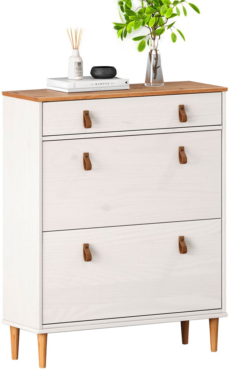 Schoenenkast MIKKA 2 kleppen 1 lade - wit, smalle schoenenkast, schoenopberger met stijlvolle handgrepen, schoenenkast voor hal ruimtebesparende schoenopberger smal - Ambientebild (4016787840407)