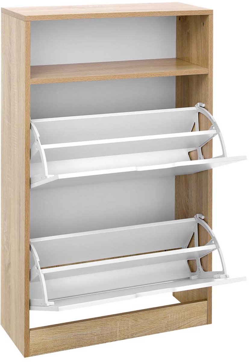 Schoenenkast Opbergkast Dressoir 60 x 24 x 102 cm Wit+naturel Houten Frame Voor Gang Woonkamer Slaapkamer Met 1 Open Opbergvak 2 Kantelbare Dubbele Vakken Stevig Duurzaam Stijlvol Eenvoudig Modern (4255890961986)