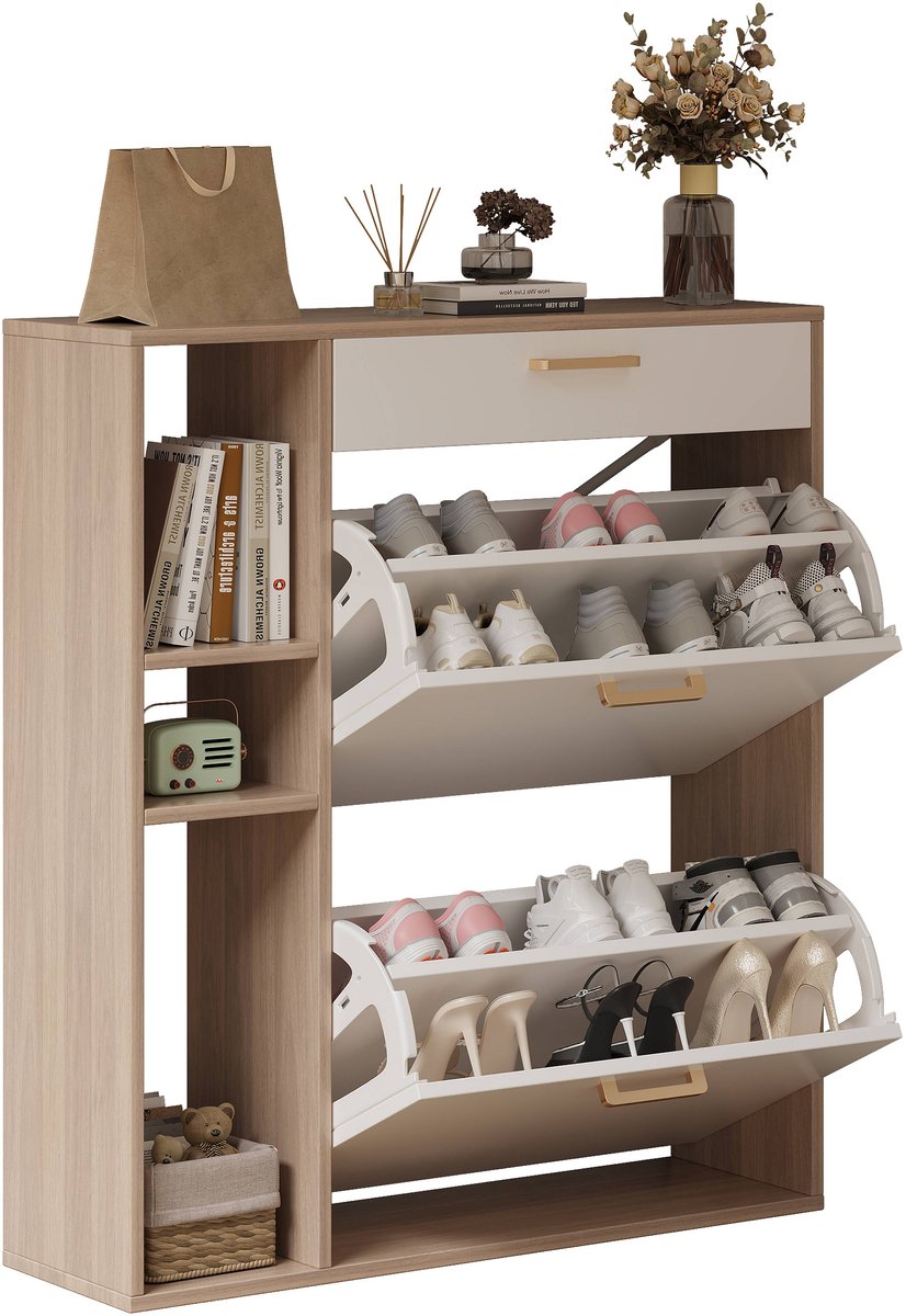 Schoenenkast - Witte schoenenkast - Met twee klaplades - Houten schoenenkast - Uittrekbare schoenenkast voor opslag en organisatie - Geschikt voor entree, hal, woonkamer en andere ruimtes.90.5x80x24cm (1245460521576)