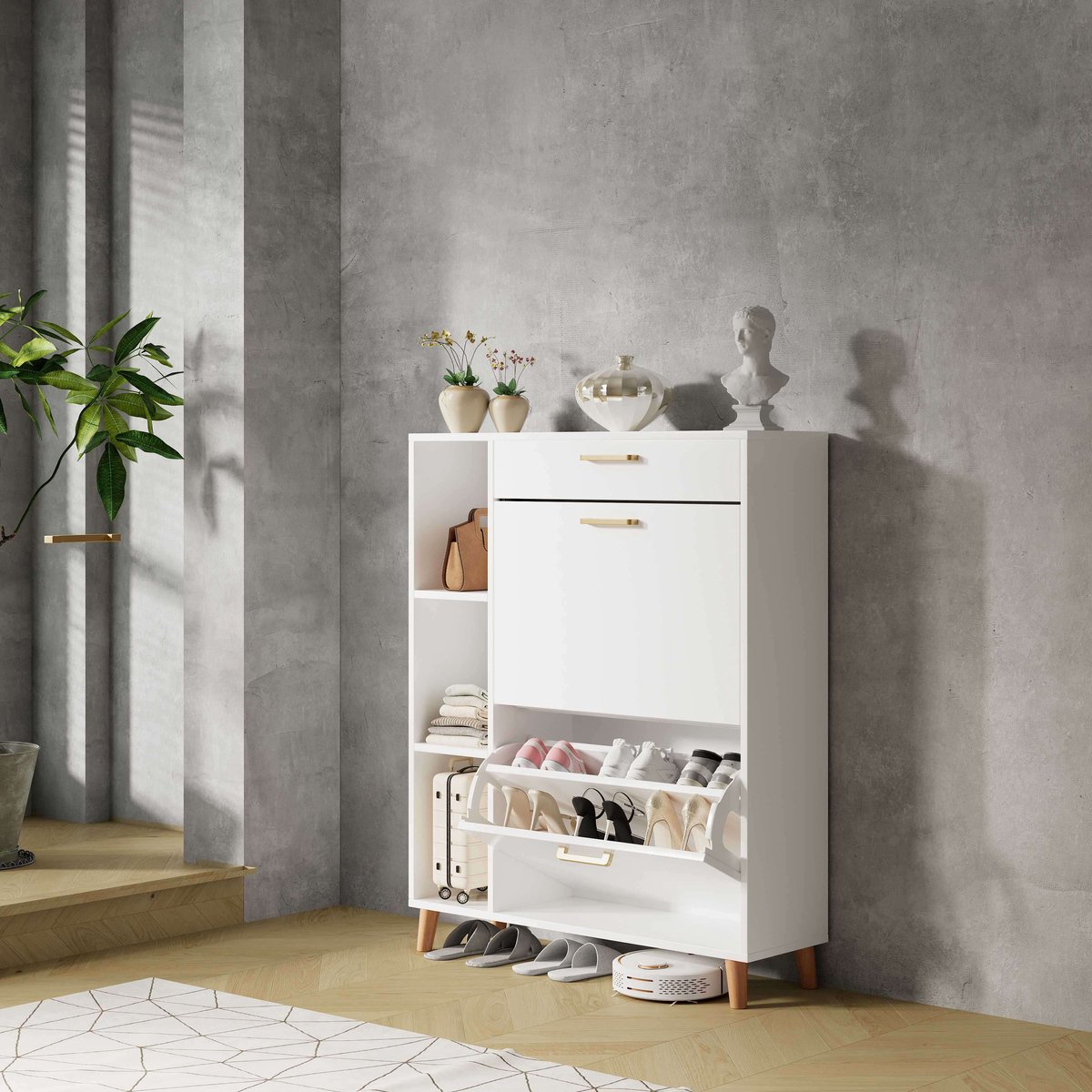 Schoenenkast - Witte schoenenkast - Schoenenkast met dubbele deur en enkele lade - Uittrekbaar schoenenrek | Geschikt voor hal/entree/woonkamer | Ruimtebesparende opbergoplossing voor thuis (1245460521767)