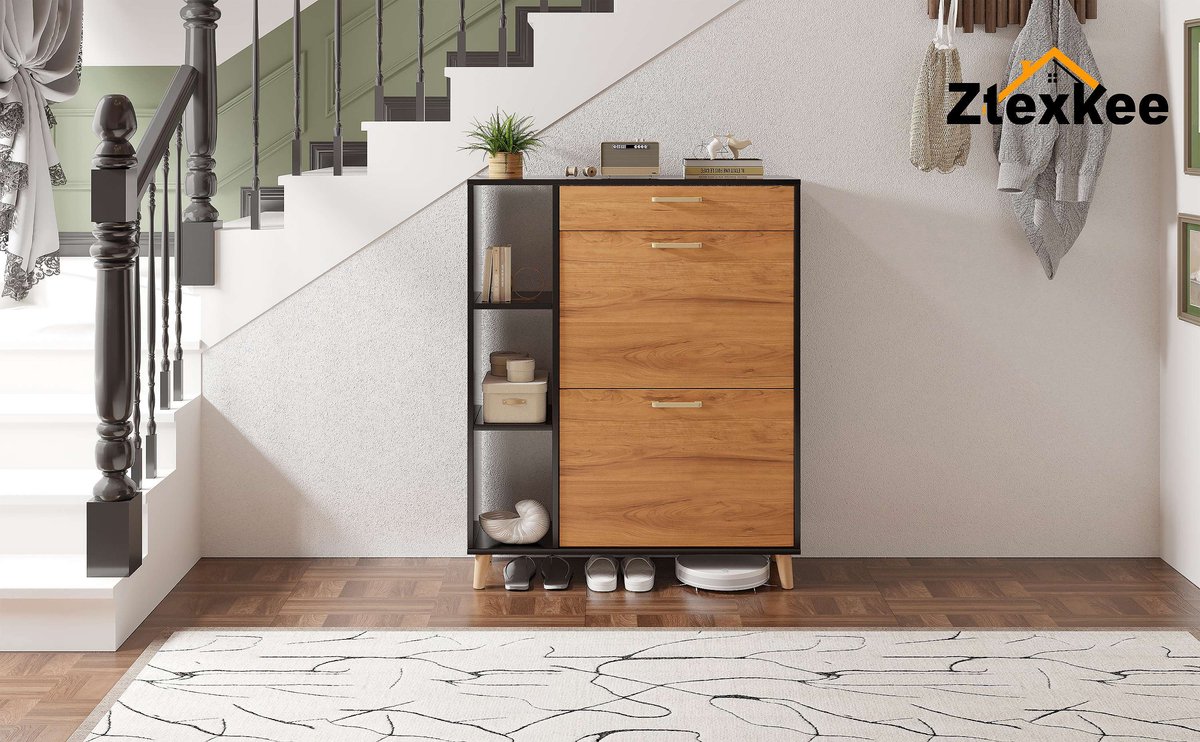 Schoenenkast - Zwarte schoenenkast - Schoenenkast met dubbele deur en enkele lade - Uittrekbaar ontwerp - Handig voor het opbergen van schoenen - Geschikt voor entrees, hallen, woonkamers, enz. Afmetingen: 101x80x24 cm (1245460521668)