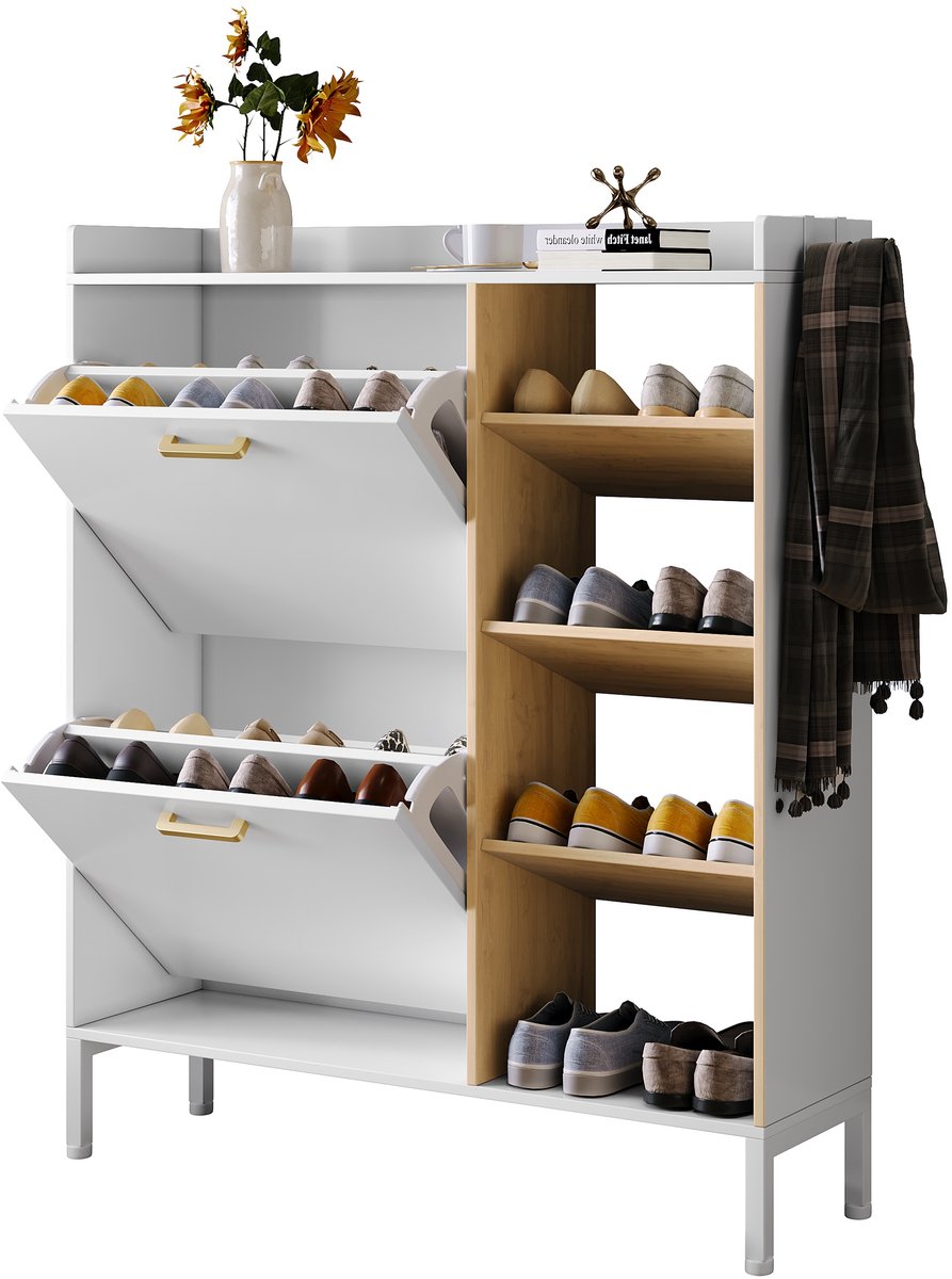 Schoenenkast - houten schoenenkast met 2 klapdeksels/2 haken - smal schoenenrek - met anti-kantelvoorziening - geschikt voor entreehallen (1245460520999)