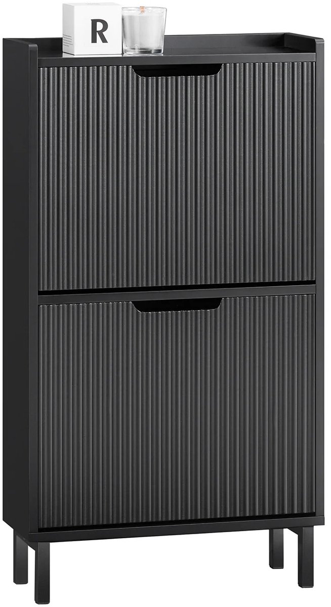 Schoenenkast met 2 Kleppen - Zwart - 90×50×19 cm - MDF & Metaal - Opberger - Schoenen - 8 paar schoenen - geribbeld profiel (8721447041396)