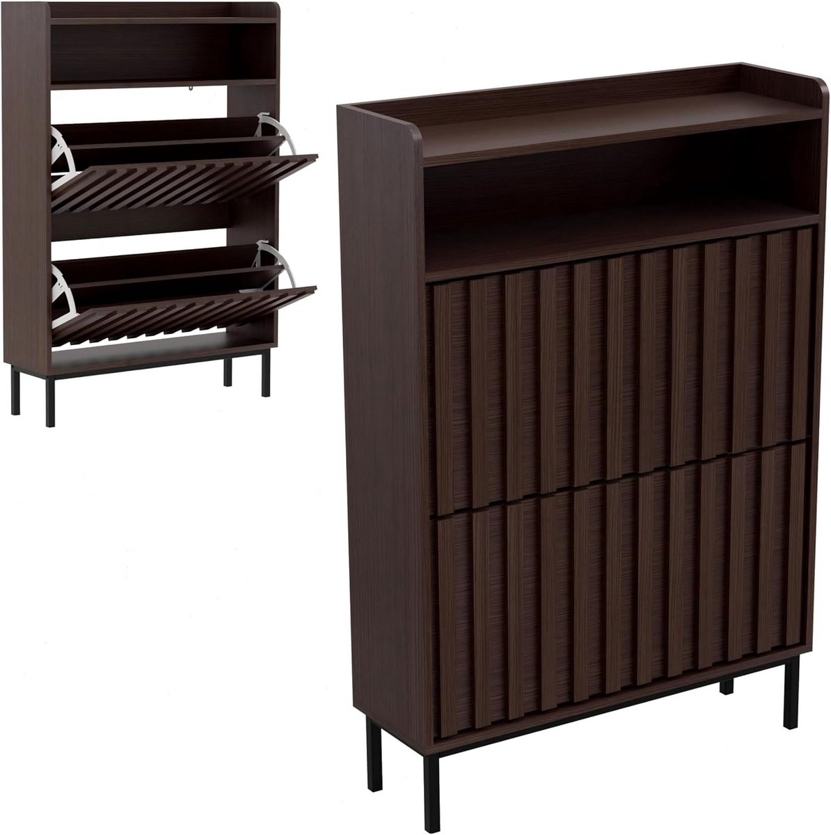 Schoenenkast met 2 deuren en lamellen - Vintage bruin - Schoenenorganizer - Schoenenrek - Schoenenmeubel - Schoenendoos - Hout - Vintage - Bruin (9101107541043)