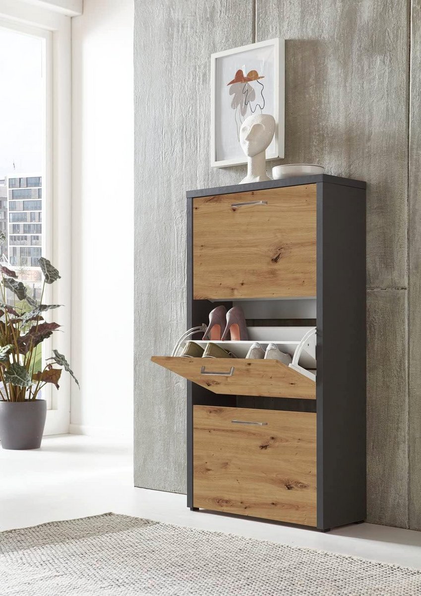 Schoenenkast met 3 Kleppen voor 18 Paar Schoenopslag met Antraciet en Eiken Afwerking (9101061081517)