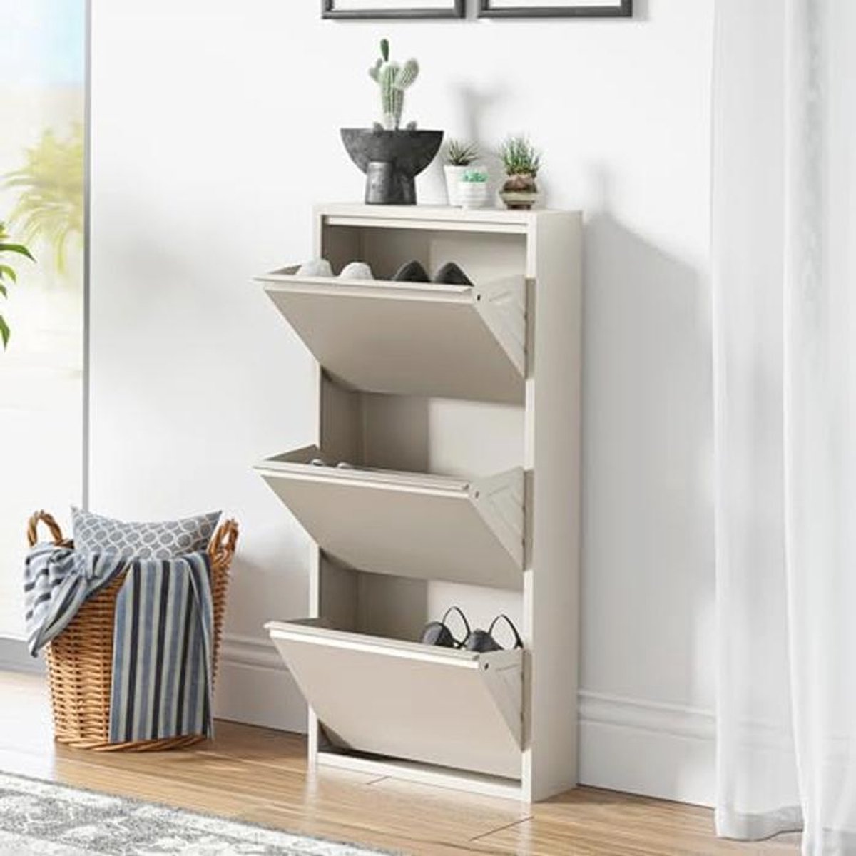 Schoenenkast met 3 kleppen - Stijlvolle opbergoplossing voor schoenen en accessoires - Gebroken wit 104x50x15 cm (9101007586076)