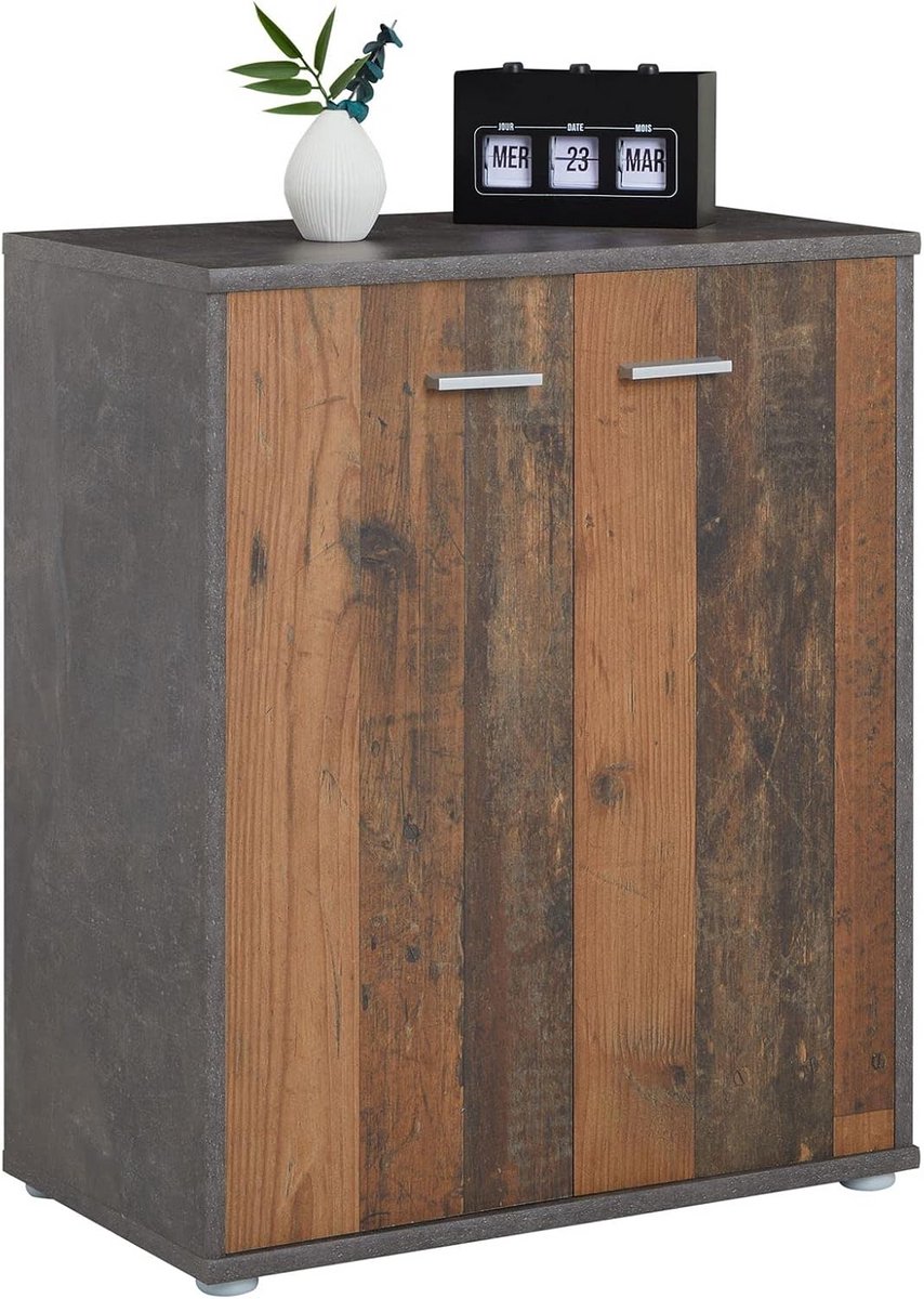 Schoenenkast met 4 Planken en 2 Deuren - Schoenenrek en Dressoir in Donkergrijs Betonlook (9101059047549)