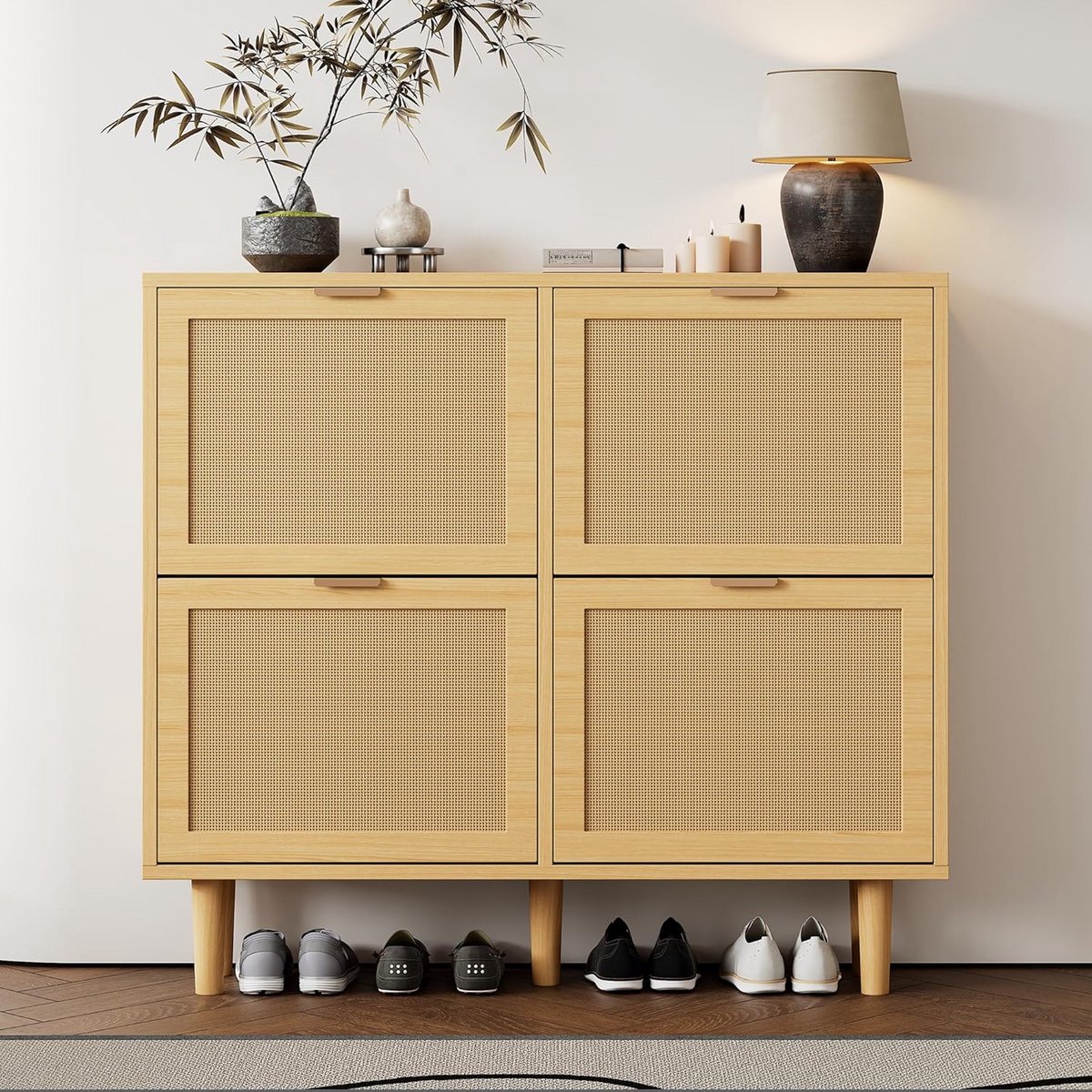 Schoenenkast met 4 Vouwladen en Rotan Details voor Hal of Slaapkamer (9101108260288)