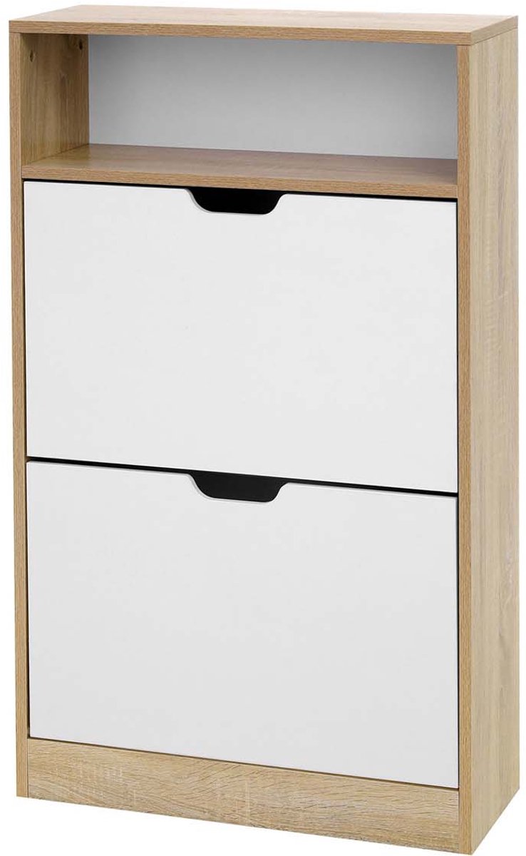 Schoenenkast opbergkast dressoir 60 x 24 x 102 cm wit+naturel met 1 open opbergvak, 2 kantelbare dubbele vakken stevig en duurzaam houten frame stijlvol eenvoudig modern uiterlijk geschikt voor gang, woonkamer, slaapkamer (4255901425575)