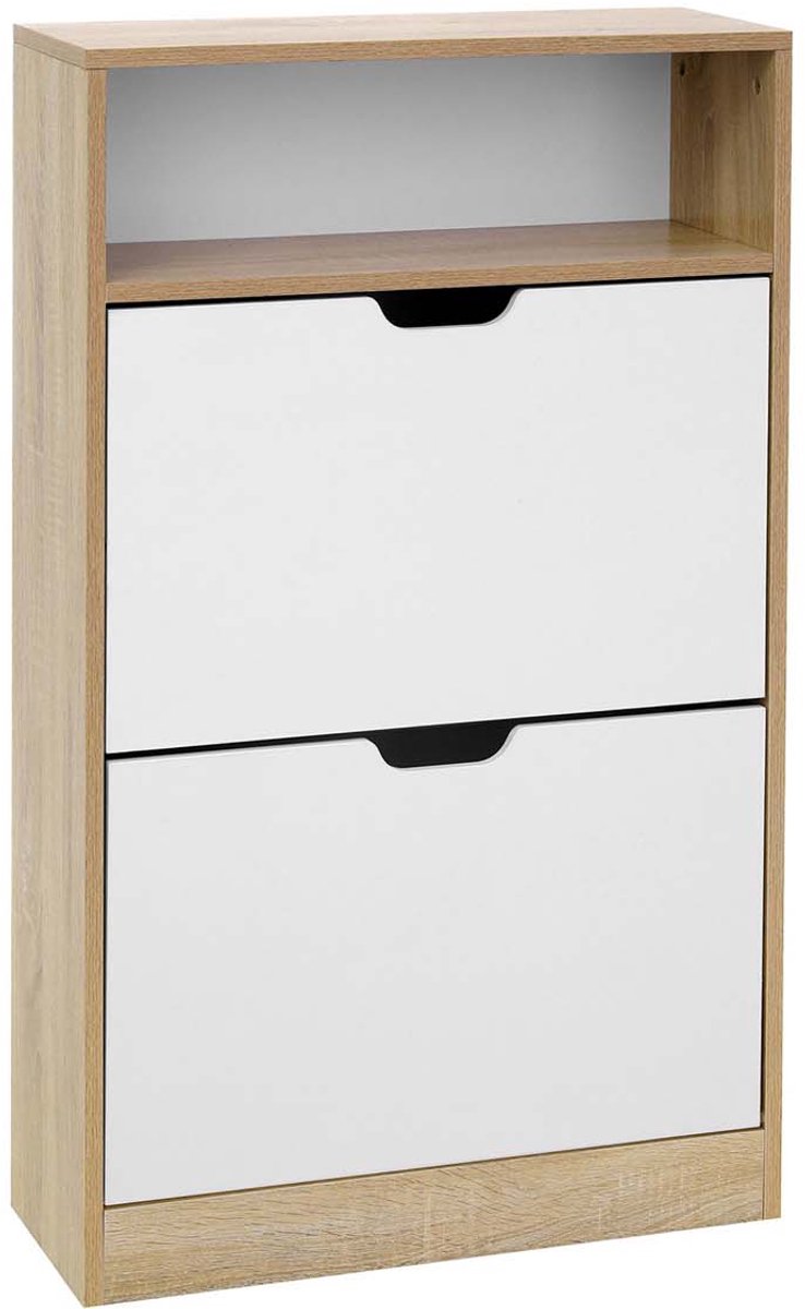 Schoenenkast opbergkast dressoir met 1 open opbergvak, 2 kantelbare dubbele vakken stevig en duurzaam houten frame stijlvol eenvoudig modern uiterlijk geschikt voor gang, woonkamer, slaapkamer 60 x 24 x 102 cm wit+naturel (4255901425476)