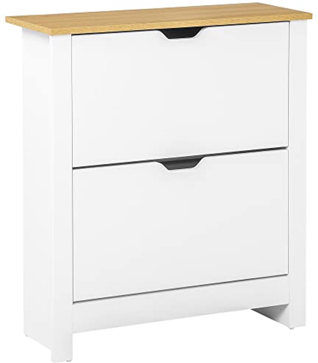 Schoenenkast voor 12 paar - smalle opbergkast met opklapbare laden en verstelbare planken, moderne stijl, voor hal of entree, 72 x 26 x 80 cm, wit en eiken (6154016197149)