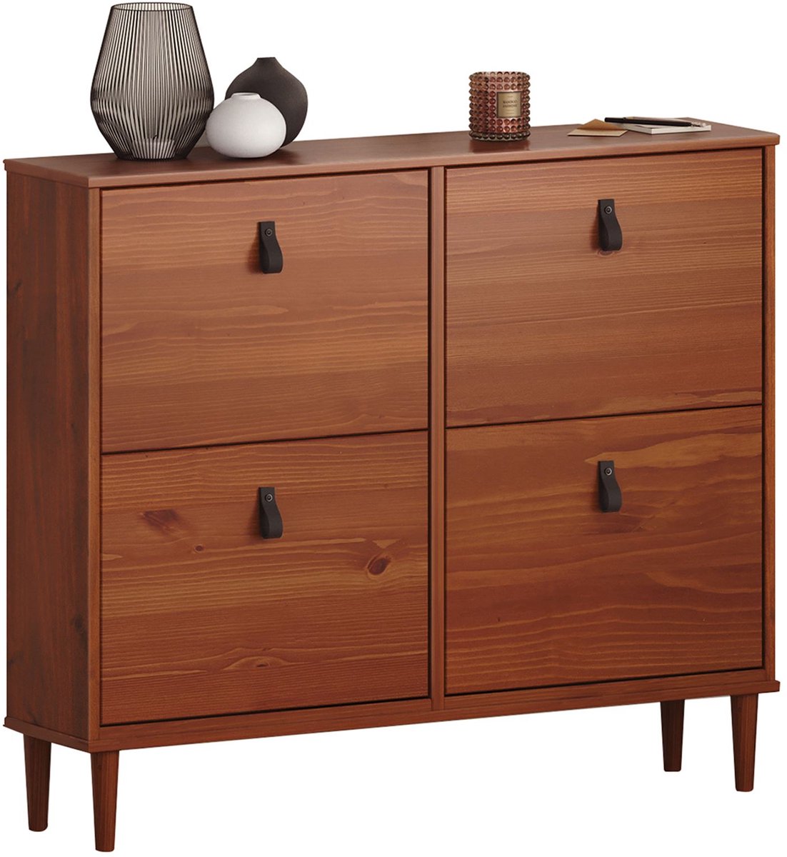 Schoenenkieper MIKKA met 4 kleppen kastanjekleurige schoenenkast schoenenrek smal schoenenrek massief grenen - Ambientebild (4016787840452)