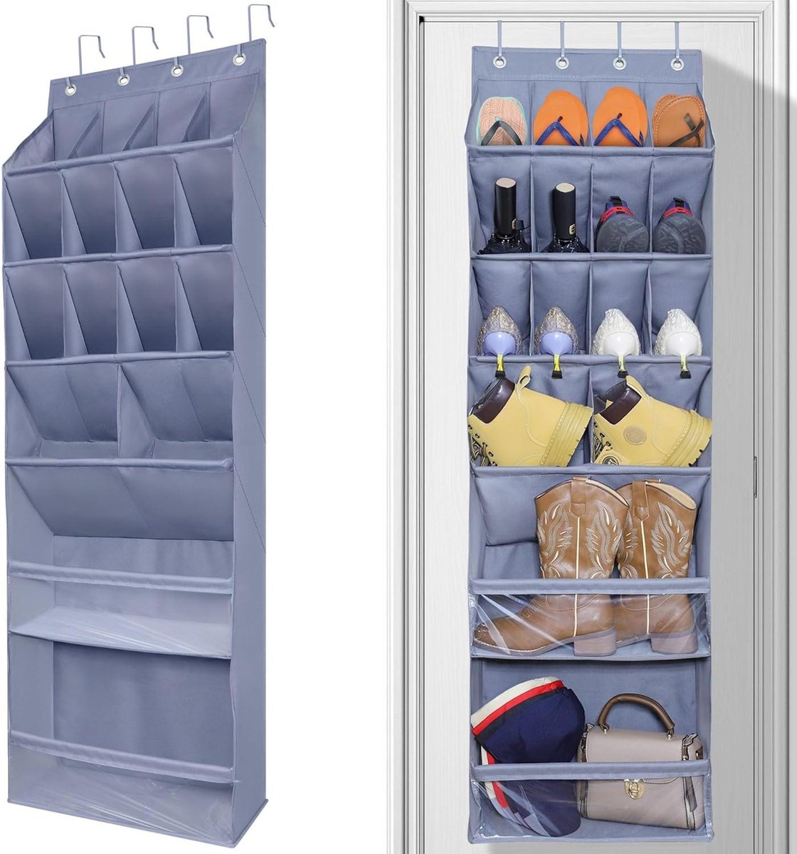 Schoenenorganizer met grote diepe zakken - Deurschoenenrek voor smalle deur - Multifunctionele schoenenhouder voor slaapzaal - Grijs - 16 zakken (6152325545552)