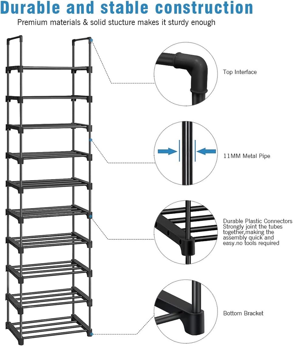 Schoenenrek, 10 laags hoog slank schoenenrek Ruimtebesparend metalen schoenenrek voor woonkamer slaapkamer (zwart) (7593919558944)