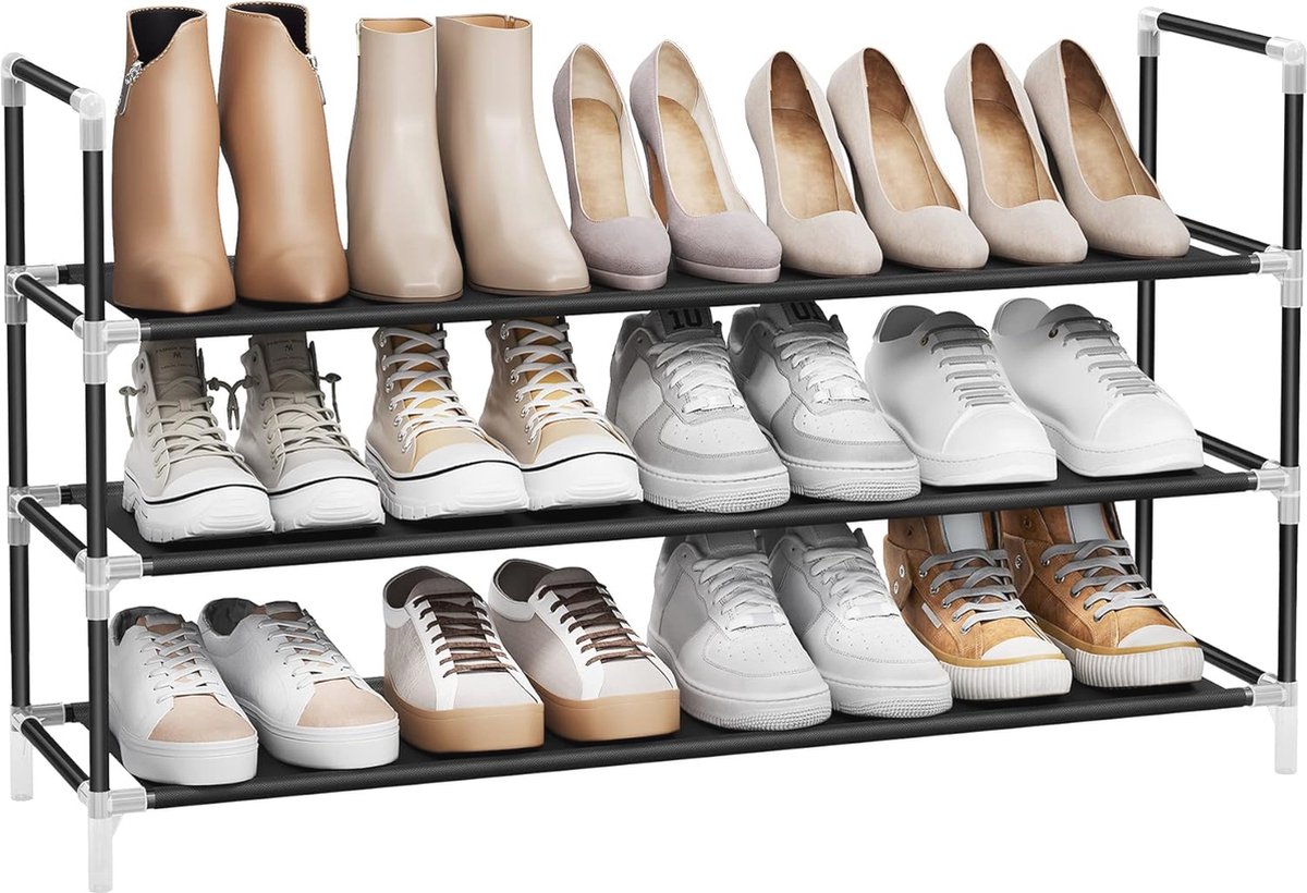 Schoenenrek 3 niveaus schoenenopslag gangkast slank ruimtebesparend metaalframe niet-geweven planken zwart (6152325535508)