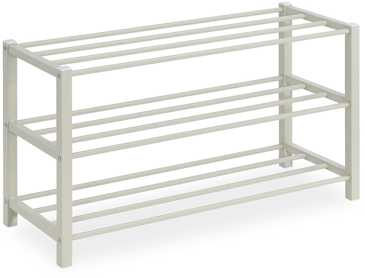 Schoenenrek NAVAN metaal beige, robuuste schoenenbank met 3 planken, ruimtebesparende schoenenkast, ideaal voor open schoenenrek, schoenenstandaard, schoenenrek sfeer (4016787184075)