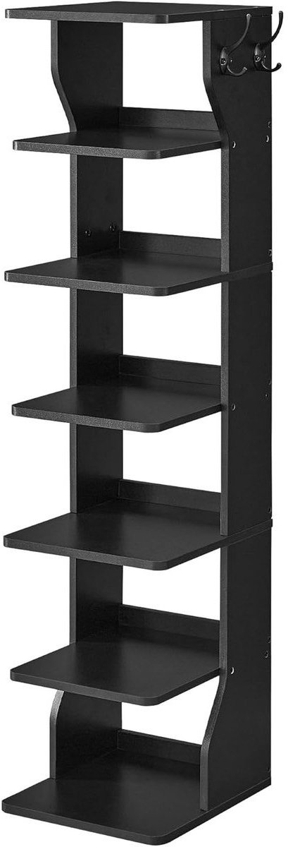 Schoenenrek Opbergrek Displayrek Boekenkast 30 x 26,4 x 110,4 cm Zwart Houten Frame Voor Slaapkamer Woonkamer Hal Met 7 Open Opbergplanken Haken Stevig Duurzaam Stijlvol Modern Eenvoudig Ontwerp (4255890939794)