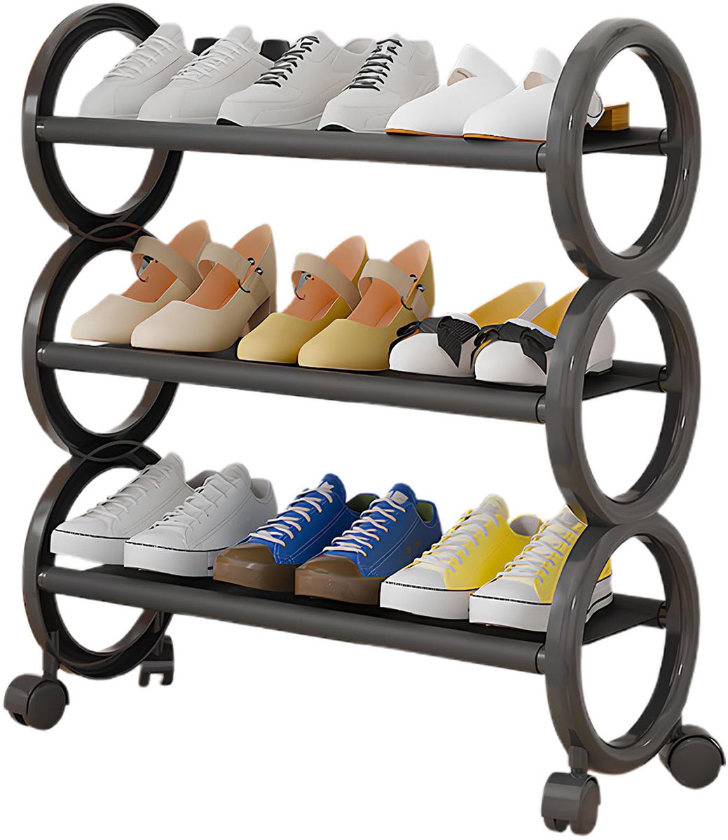 Schoenenrek - Schoenenkast - 3 Lagen - Voor 9 paar schoenen - Met Wielen - 56 x 46 x 20 cm - Schoenen Opbergsysteem - Kunststof - Zwart (8721525634663)